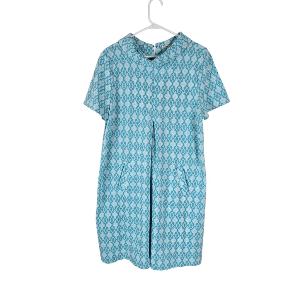 Tyler Boe Kristen Knit Dress Blue Geometric Print Size L Pockets Short Sleeve